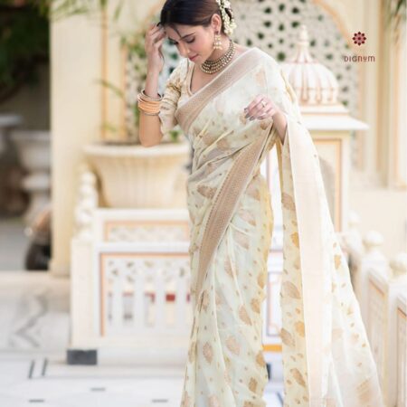 Buy Online Ivory White Woven Banarasi Georgette Saree