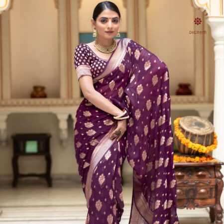 Buy Online Wine Purple Woven Banarasi Georgette Saree