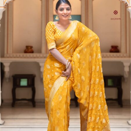 Buy Online Canary Yellow Woven Banarasi Georgette Saree