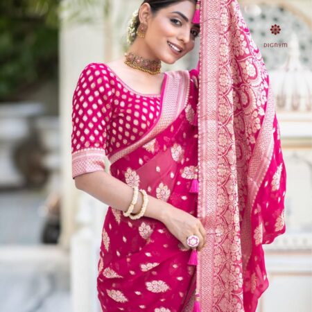 Buy Online Magenta Pink Woven Banarasi Georgette Saree