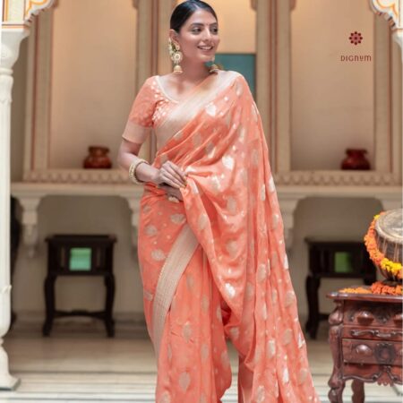 Buy Online Salmon Peach Woven Banarasi Georgette Saree