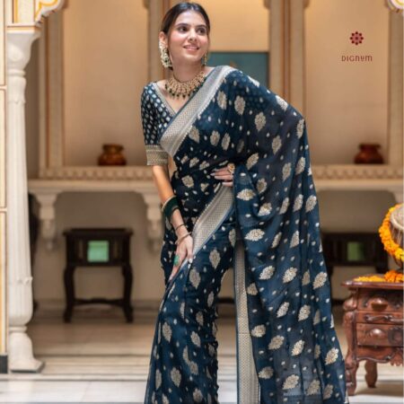 Buy Online Prussian Blue Woven Banarasi Georgette Saree