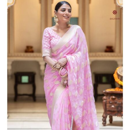 Buy Online Baby Pink Woven Banarasi Georgette Saree