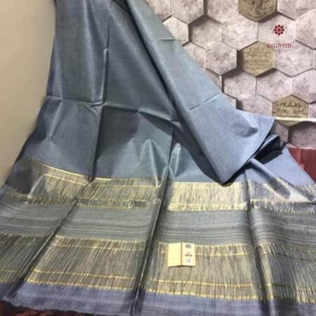 Latest Design Pewter Grey Pure Tussar by Ghicha Zari Stripe Saree