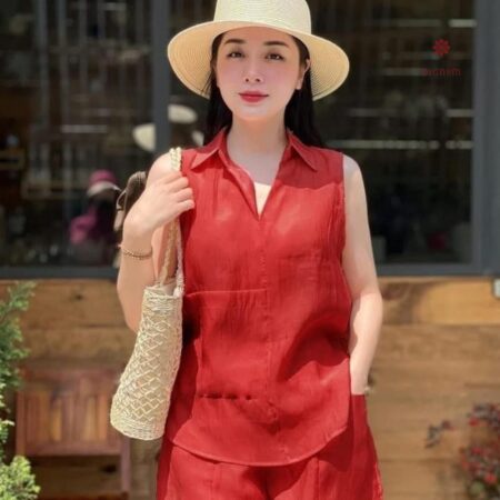 Buy Online Crimson Red Cotton Collar Sleeveless Top with Shorts Set