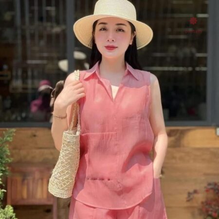 Buy Online Flamingo Pink Cotton Collar Sleeveless Top with Shorts Set