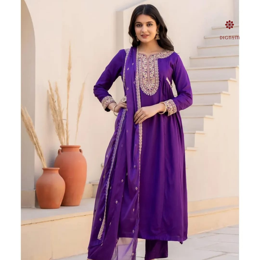 Buy Online Cadbury Purple Party Wear Silk Embroidered Suit Set