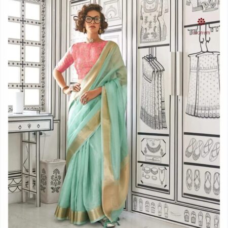 Latest Design Aqua Blue Moss Chiffon Handloom Weaving Saree