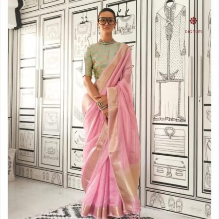 Latest Design French Pink Moss Chiffon Handloom Weaving Saree