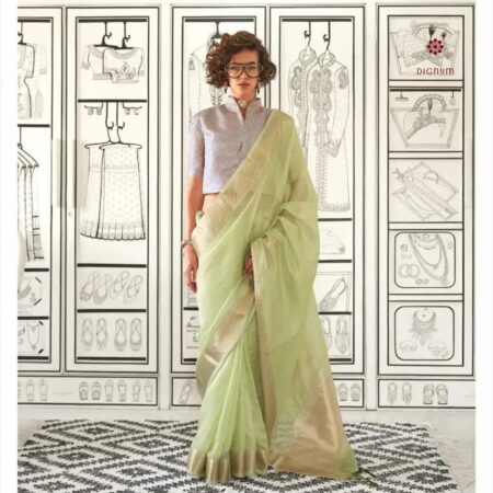 Latest Design Pista Green Moss Chiffon Handloom Weaving Saree