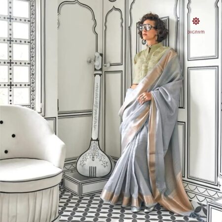 Latest Design Pewter Grey Moss Chiffon Handloom Weaving Saree
