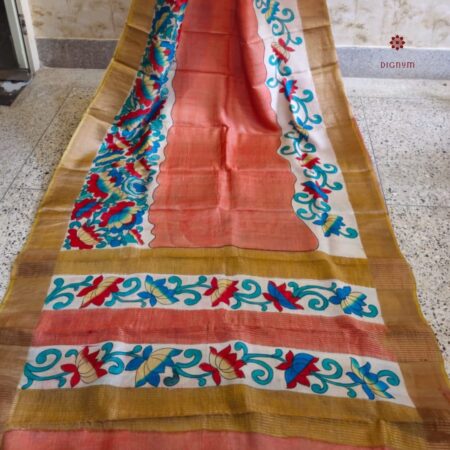 Latest Design Salmon Pink Hand Painted Pen Kalamkari Saree