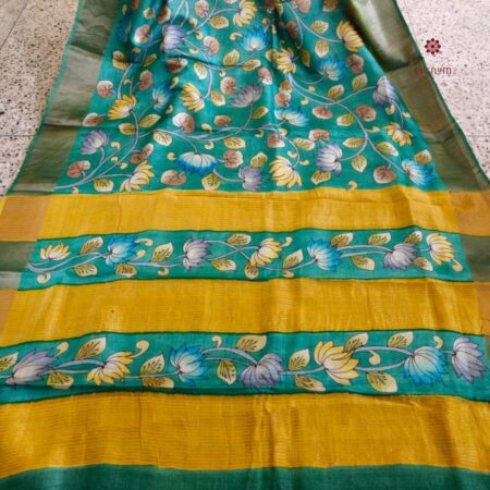 Latest Design Sea Green Hand Painted Pen Kalamkari Saree