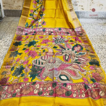 Latest Design Bright Yellow Hand Painted Pen Kalamkari Saree