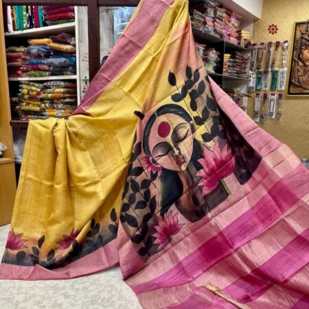 Latest Design Royal Yellow Hand Painted Pure Gachi Tussar Silk Saree