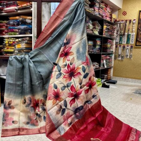 Latest Design Steel Grey Hand Painted Pure Gachi Tussar Silk Saree