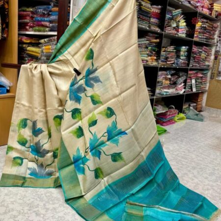 Latest Design Pearl White Hand Painted Pure Gachi Tussar Silk Saree