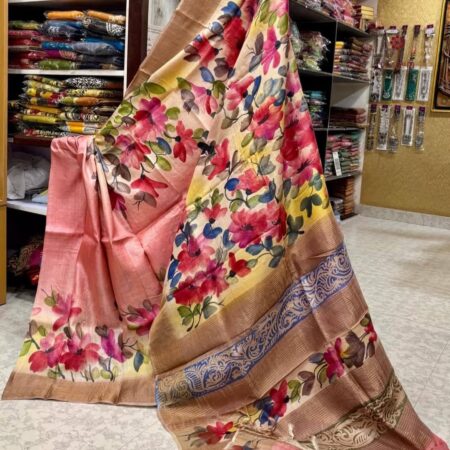 Latest Design Coral Pink Hand Painted Pure Gachi Tussar Silk Saree