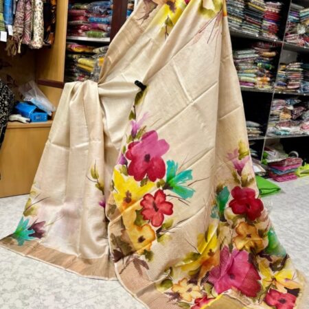 Latest Design Off-White Hand Painted Pure Gachi Tussar Silk Saree