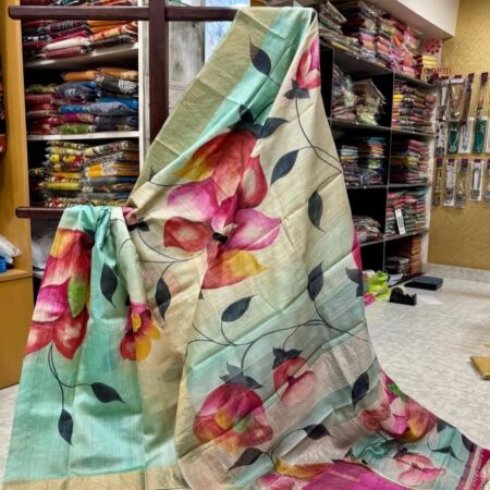 Latest Design Pastel Blue Hand Painted Pure Gachi Tussar Silk Saree