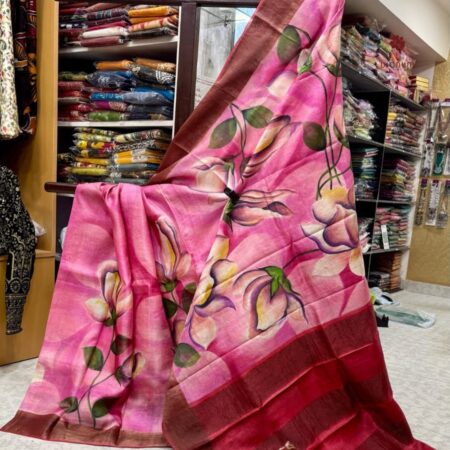 Latest Design Cerise Pink Hand Painted Pure Gachi Tussar Silk Saree