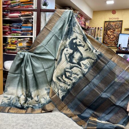 Latest Design Slate Grey Hand Painted Pure Gachi Tussar Silk Saree