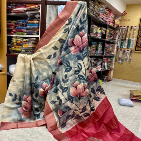 Latest Design White Floral Hand Painted Pure Gachi Tussar Silk Saree