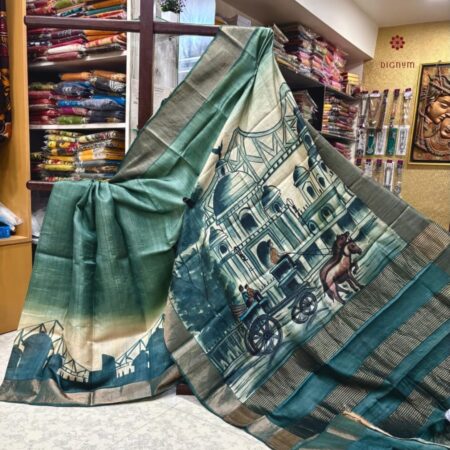 Latest Design Cadet Blue Hand Painted Pure Gachi Tussar Silk Saree