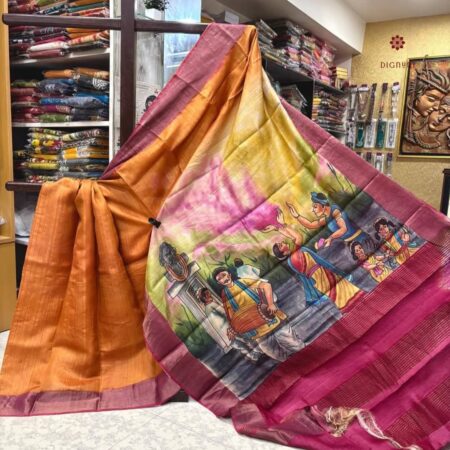Latest Design Orange Pink Hand Painted Pure Gachi Tussar Silk Saree