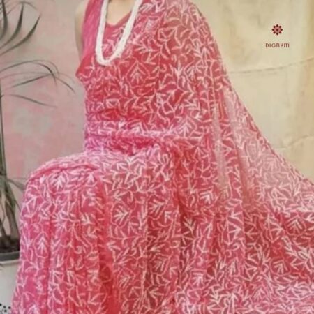 Latest Design Salmon Pink Hand Embroidered Chikankari Saree