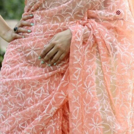 Latest Design Malibu Peach Hand Embroidered Chikankari Saree