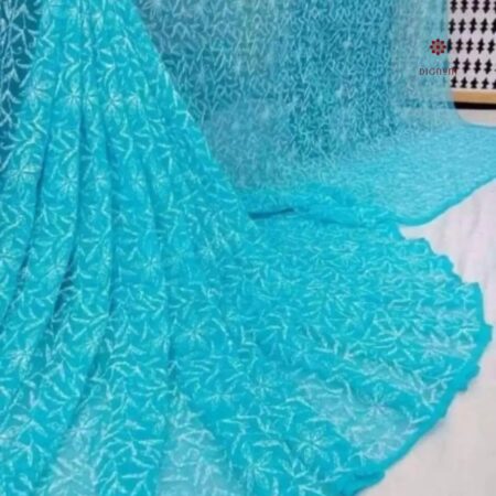 Latest Design Aqua Blue Hand Embroidered Chikankari Saree