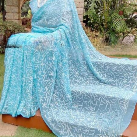Latest Design Powder Blue Hand Embroidered Chikankari Saree