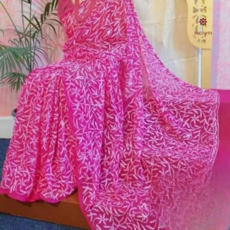 Latest Design Magenta Pink Hand Embroidered Chikankari Saree