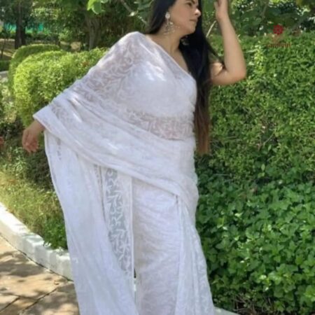 Latest Design White Hand Embroidered Chikankari Saree