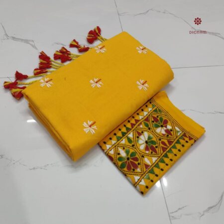 Latest Design Yellow Handloom Cotton Embroidered Saree