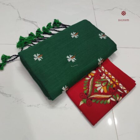 Latest Design Green Handloom Cotton Embroidered Saree