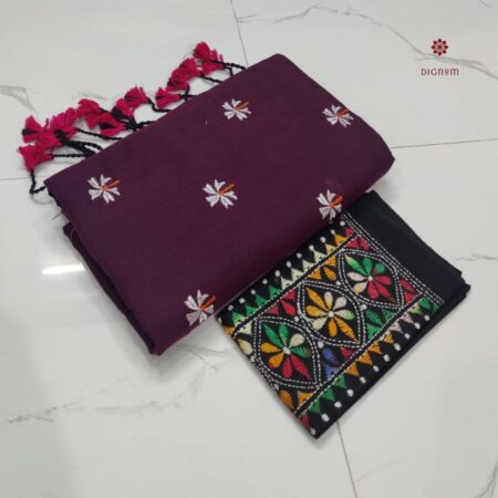 Latest Design Purple Handloom Cotton Embroidered Saree