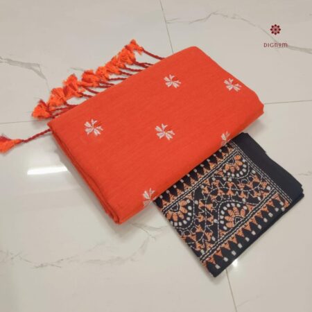 Latest Design Orange Handloom Cotton Embroidered Saree