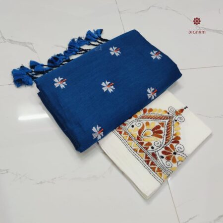 Latest Design Blue Handloom Cotton Embroidered Saree