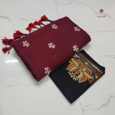 Latest Design Burgundy Red Handloom Cotton Embroidered Saree