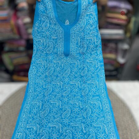 Latest Design Cerulean Blue Cotton Chikankari Full Jaal Kurti