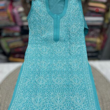 Latest Design Tiffany Blue Cotton Chikankari Full Jaal Kurti