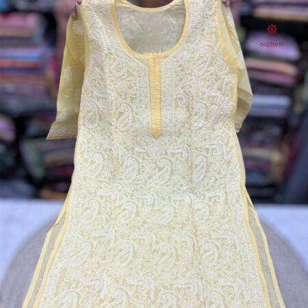 Latest Design Mellow Yellow Cotton Chikankari Full Jaal Kurti