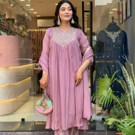 Latest Design Lavender Pink Embroidered Suit Set
