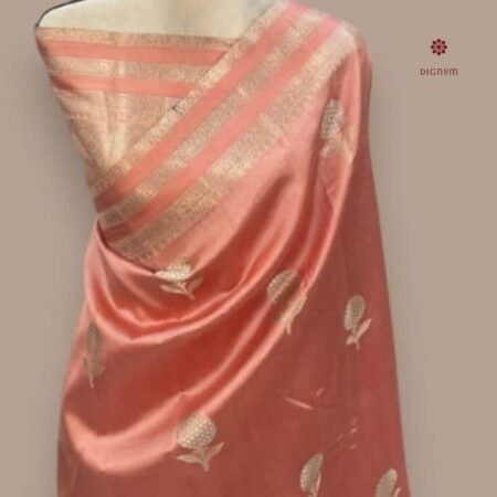 Latest Design Coral Peach Banarasi Raw Mango Katan Silk Saree