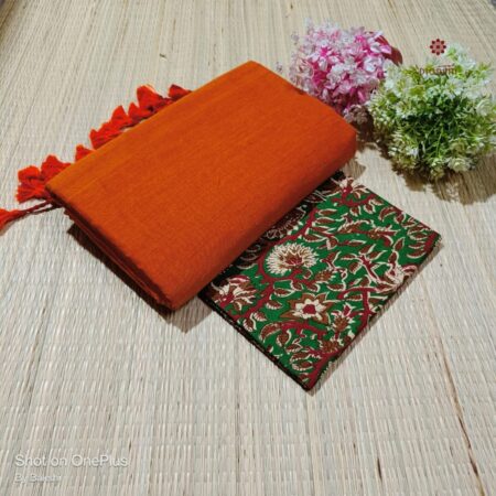 Latest Design Orange Handloom Cotton Saree with Printed Blouse
