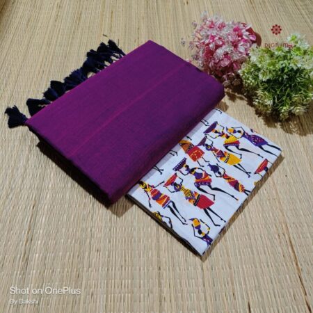 Latest Design Purple Handloom Cotton Saree with Printed Blouse