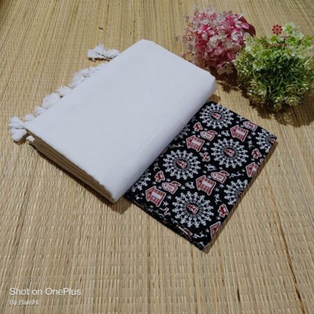 Latest Design White Handloom Cotton Saree with Printed Blouse