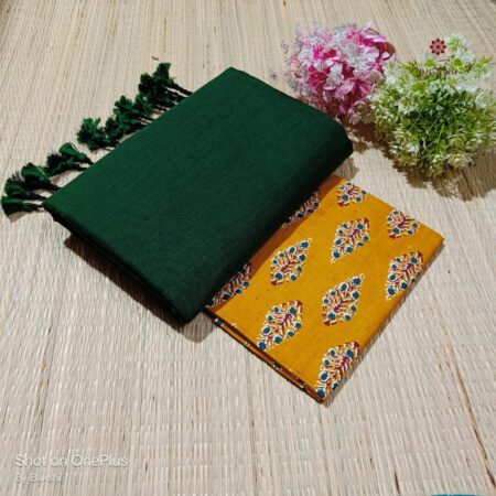 Latest Design Green Handloom Cotton Saree with Printed Blouse